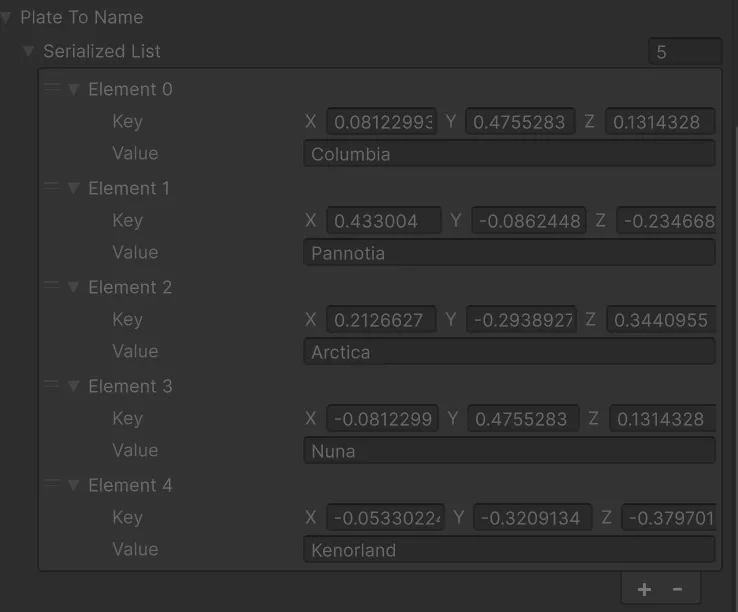 Plate names visible in the Unity inspector